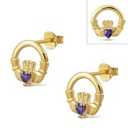 14K Gold Plated | Amethyst CZ Claddagh Stud Sterling Silver Earrings - e409